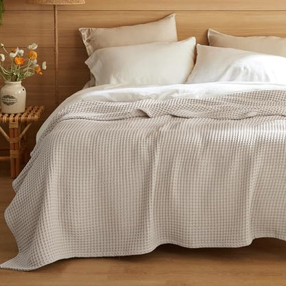 Bedsure Lightweight 100% Cotton Waffle Blanket, King, Linen | Summer, Breathable, Soft, Comfort, Light, Thin, Textured, Bed, Couch, Sofa, Chair, 108"x90", Sheet Blanket, Cozy Gifts - color: Linen, size: King (108" X 90")