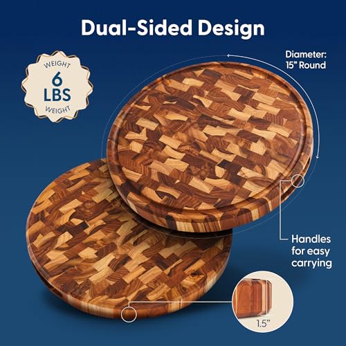 Sonder Los Angeles Vincent End Grain Teak Cutting Board, Round 15x15x1.5 in | Non-toxic, Juice Groove, Butcher Block, Perfect for Pizza & Charcuterie, Built-in Handles, Gift Box Included, 6 lbs - color: Vincent | Teak | End Grain
