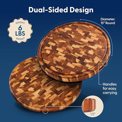 Sonder Los Angeles Vincent End Grain Teak Cutting Board, Round 15x15x1.5 in | Non-toxic, Juice Groove, Butcher Block, Perfect for Pizza & Charcuterie, Built-in Handles, Gift Box Included, 6 lbs - color: Vincent | Teak | End Grain
