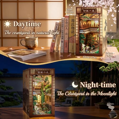 Japanese Book Nook Kit, Serene Courtyard | DIY Miniature House 3D Wooden Puzzles for Adults Japan Bookshelf Decor with LED Lights - style: Serene Courtyard