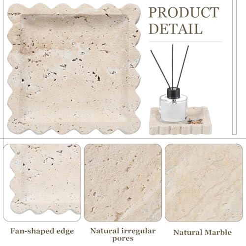 5.5 Inch Small Travertine Stone Tray Marble Jewelry Dish Trinket Tray for Women, Perfume, Coffee Table(Square,Scallop) - style: Square，Scallop