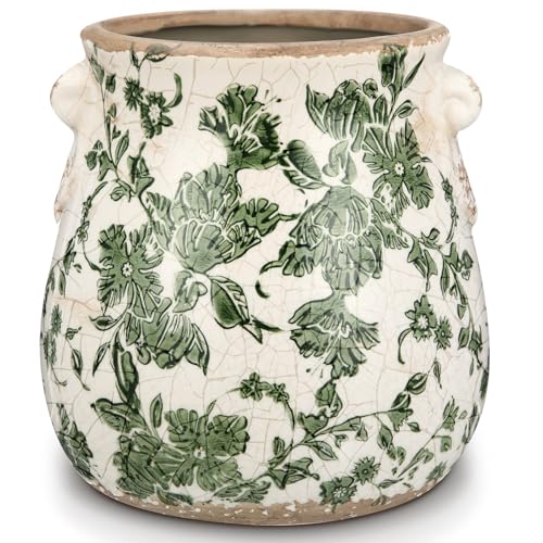 Ceramic Green Scroll Planter 6.5 Inch Chinoiserie Floral Vase with Drainage Holes Vintage Flower Vase Flower Pot Rustic Ceramic Pots for Indoor Plants Flowers Garden Home Bookshelf Decor - style: Green Floral