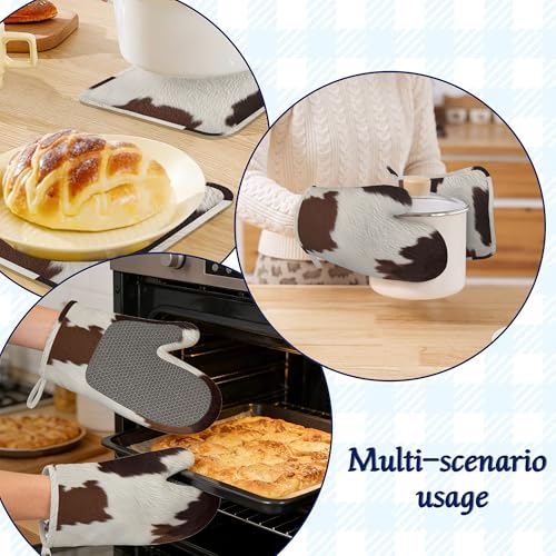 Brown Cowhide Potholders & Oven Mitts Sets Cow Print Skin Print Silicone Heat Resistant Oven Mits and Hot Pads Non-Slip Pot Holders Gloves for Kitchen Chef Cooking Baking Grilling BBQ - color: Brown Cowhide,cow Print Skin Print