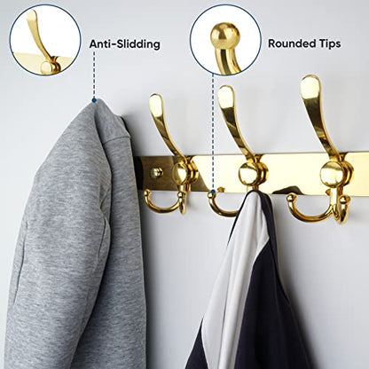 TICONN Wall Mounted Coat Rack, Five Heavy Duty Tri Hooks All Metal Construction for Jacket Coat Hat in Mudroom Entryway (Gold, 1-Pack) - color: Gold