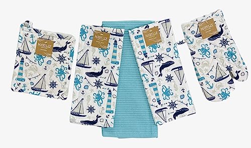 Summer Kitchen Pot Holder Oven Mitt Dish Towel Set: Fun Navy White Aqua Nautical Coastal, 5 pc Set (Coastal) - color: Coastal Set