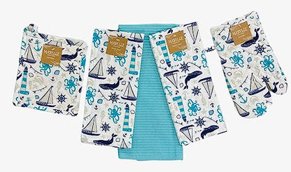 Summer Kitchen Pot Holder Oven Mitt Dish Towel Set: Fun Navy White Aqua Nautical Coastal, 5 pc Set (Coastal) - color: Coastal Set
