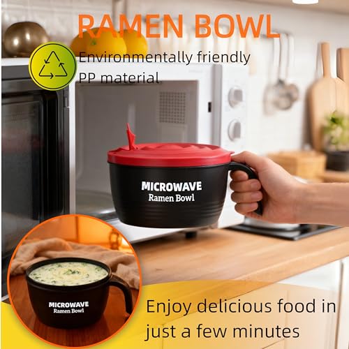 Layron Ramen Cooker Bowl - 45 oz Microwaveable Noodle Bowl Ramen in few Minutes- BPA Free and Dishwasher Safe Set with Chopsticks Perfect for Dorm, Small Kitchen, or Officee (black) - color: Black