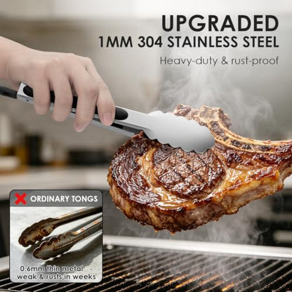 Hotec Stainless Steel Kitchen Tongs Set of 2-9" and 12", Locking Metal Cooking Tongs with Non-Slip Grip for Serving, BBQ, Grill & Air Fryer - size: 2 pack: 12, 9 inch