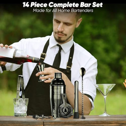 Bartender Kit with Cocktail Shaker, Stylish Bamboo Stand, Liquor Pourers for an Perfect Drink Mixing Experience - 14 Piece Barware Essentials Cocktail Shaker Set (Dark Metallic) - color: Dark Metallic