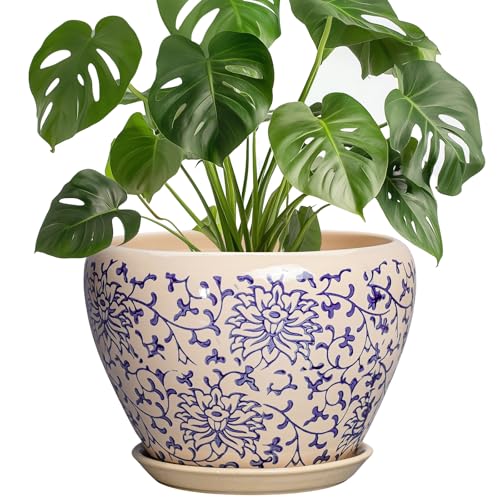 Ceramic Pots for Plants - 8 Inch Plant Pot with Drainage Hole and Saucer, Modern Flower Pots for Indoor Outdoor Plants, Round Decorative Planter, Bedroom Decor, Plant Lover Gift, Retro Blue - color: Retro Blue, size: 8 Inch
