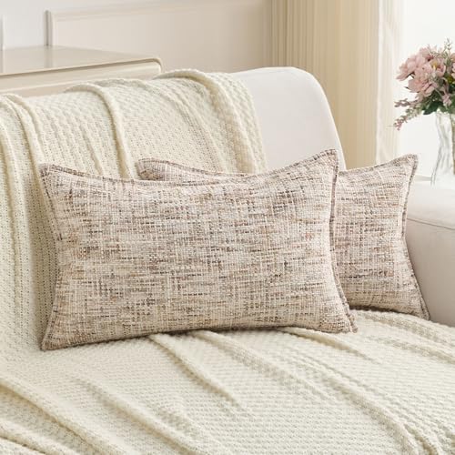 FUTEI Pack of 2 Tweed Chenille Throw Pillow Covers 12x20 Inch, Beige Brown | Premium Chenille Front/ Smooth Velvet Back,Hidden Zipper,Machine Washable,Pilling-Resistant,Colorfast, Insert Not Included. - color: Beige Brown, size: 20" x 12" (Pack of 2)
