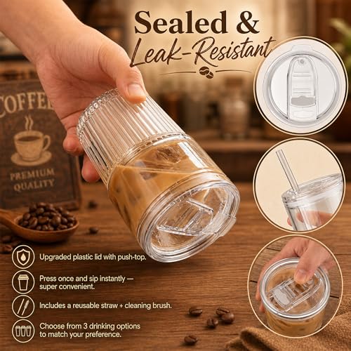 Haundry Ribbed Glass Tumbler with Lid and Straw, 4 Pack 16 oz Iced Coffee Cups, Reusable Drinking Glasses with Leak-Resistant Lids, Fits Car Cup Holders, Dishwasher Safe for Latte, Smoothie, Juice - color: 16oz-4pcs