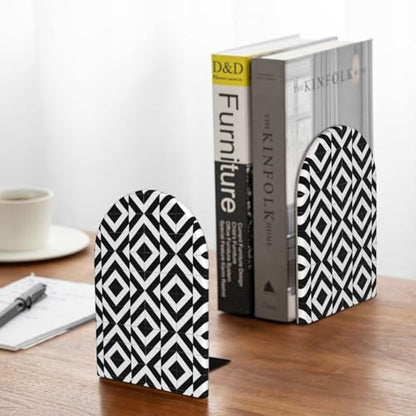 Geometric Black & White Patterns Print Book Ends, 1 Pair Sturdy Wooden Bookends for Shelves Heavy Duty Non-Slip Wood Bookend for Home Office Library School Study Decoration
