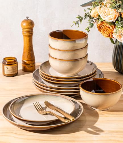 LERATIO Ceramic Dinnerware Sets for 4,12Pcs Stoneware Plates and Bowls Set | Handmade Reactive Glaze Ceramic Dishes Set,Oven & Microwave,Dishwasher Safe,Scratch Resistant-Pale Khkai - color: Pale Kahki, size: Service for 4-12pcs