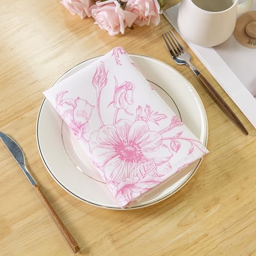 PLOYMONO Pink Floral Cloth Napkins - 8 Pack 17" x 17" Polyester Napkins | Heavy Duty 180 GSM Cloth Napkins with Hemmed Edges - Great for Restaurants, Weddings, Parties, Banquets Dinner - color: Pink Floral