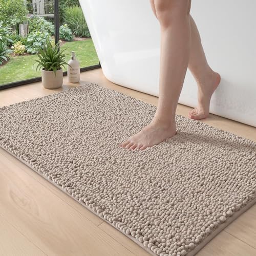 DEXI Bathroom Rugs 43x24, Super Soft Thick Chenille Absorbent Bath Mat, Non Slip Machine Washable Fluffy Shag Bathmat for Tub, Shower Floor, Dark Beige - color: Dark Beige, size: 43" X 24" (Rectangular)