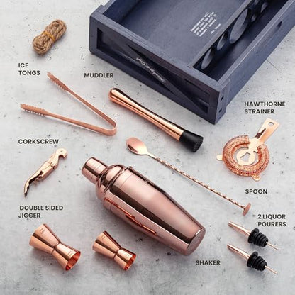 Mixology & Craft Rustic Cocktail Shaker Set – Includes Wood Stand, Complete Barware Kit with 24 Oz Shaker, Dual Jiggers, Pourers, Muddler, Strainer – Perfect for Home Bartenders (Copper) - color: Copper
