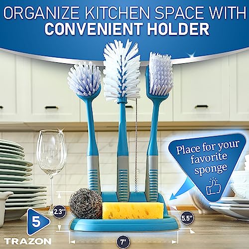 Dish Brush Set of 5 with Convenient Holder, Bottle Water Brush, Dish Scrub Brush, Scrubber Brush and Straw Brush - Kitchen Scrub Brushes Non Slip Long Handle for Sink Dishes Cup Pot - color: Blue