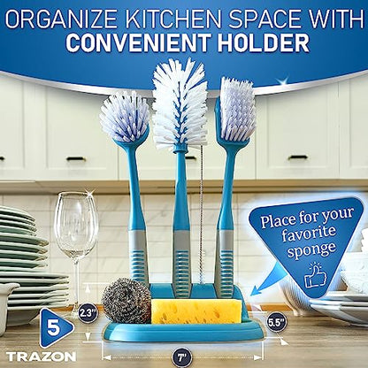 Dish Brush Set of 5 with Convenient Holder, Bottle Water Brush, Dish Scrub Brush, Scrubber Brush and Straw Brush - Kitchen Scrub Brushes Non Slip Long Handle for Sink Dishes Cup Pot - color: Blue