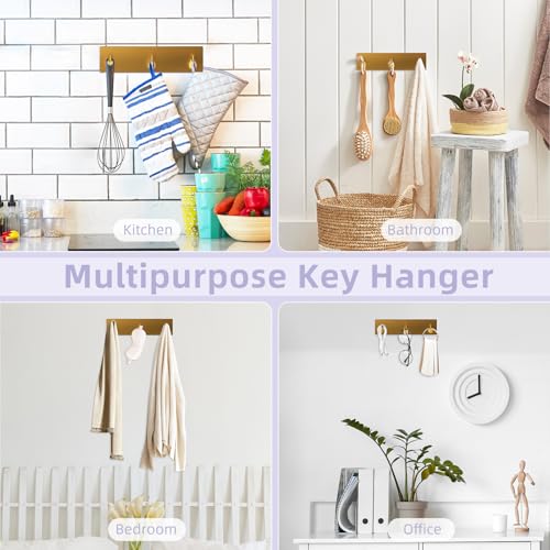 VIS'V Key Holder Wall Mount, Small Adhesive Key Hanger with 3 Hooks, Gold | Metal Material, No Drilling, Extra Adhesive Strip, Suitable for Entryway, Hallway, Doorway, Kitchen, Garage, Camper - color: Gold