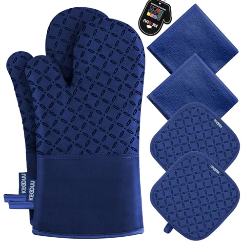 KEGOUU Oven Mitts and Pot Holders 6pcs Set, Kitchen Oven Glove High Heat Resistant 500 Degree Extra Long Oven Mitts and Potholder with Non-Slip Silicone Surface for Cooking(Marine Blue) - color: Marine Blue
