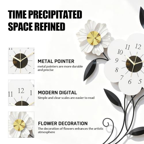 Large Flower Wall Clock, Modern Metal Wall Decor with Silent Quartz Movement, Artistic Floral Wall Art for Living Room Bedroom Office, Elegant Black White Gold Petal Design, 24" x 34.5"
