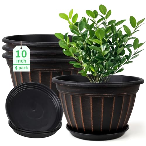 10 Inch Plant Pots,4 Pack Flower Pot,Planters Pot with Drainage Hole | Modern Planters for Outdoor Plants with Saucer,Decorative Resin Garden Pots for Outdoor Indoor Home Plants (Black) - color: Black, size: 10 inch-4 pack