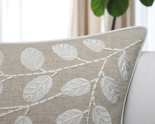 Rudransha Hand Embroidered Linen Lumbar Pillow Cover - 12x20 Natural Botanical Leaf Accent - Hazel Leaves - color: Natural-hazel, size: 20" x 12" (Pack of 1)