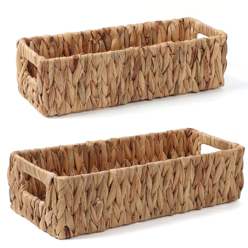 Moosky Wicker Storage Baskets with Handle Water Hyacinth Basket for Organizing Decorative Storage Bins for Countertop Toilet Tank Boho Rectangular Home Organizer (Natural, Set of 2) - size: Set of 2
