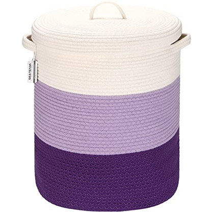 Sea Team Large Woven Cotton Rope Laundry Basket with Lid, 20 x 16 in | Collapsible Knitted Hamper with Handles, Lidded Closet Shelf Organizers for Clothing, Blankets, Toys, Bedding, Lavender - color: White & Lavender