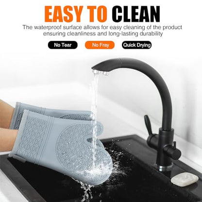 Silicone Oven Mitts, Heat Resistant 2PCS Oven Mitts with Soft Cotton Lining, Waterproof Non-Slip Grip Oven Glove, Kitchen Potholder Mits for BBQ, Baking, Cooking, 12.5 Inch - Grey - color: Gray