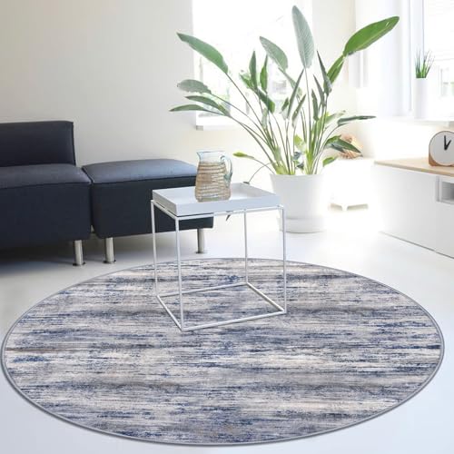 KOZYFLY Modern Abstract Round Washable Rug 5Ft, Non-Slip Soft Kitchen Bathroom Circle Rug, Grey-Blue Striped Entryway Rugs Abstract Faux Wool Doormat for Bedside Entrance Bedroom Sink - color: Blue-grey, size: 5' (Round)
