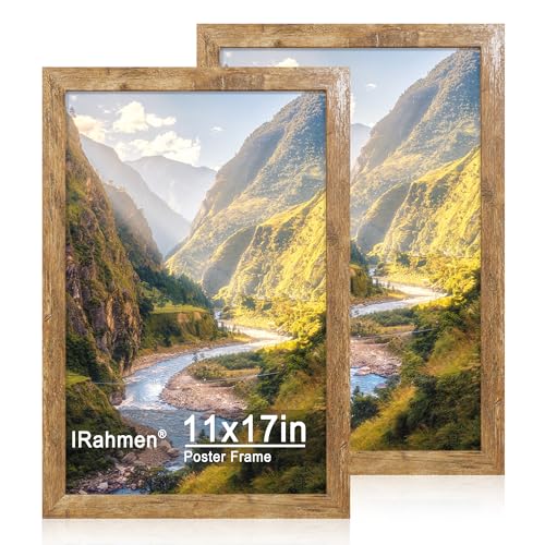 iRahmen 11x17 Picture Frame Set of 2 with Plexiglass, Rustic Brown Wood Poster Frame 11 x 17 for Photo Wall Gallery Mounting Horizontal and Vertical - color: Rustic Brown, size: 11X17