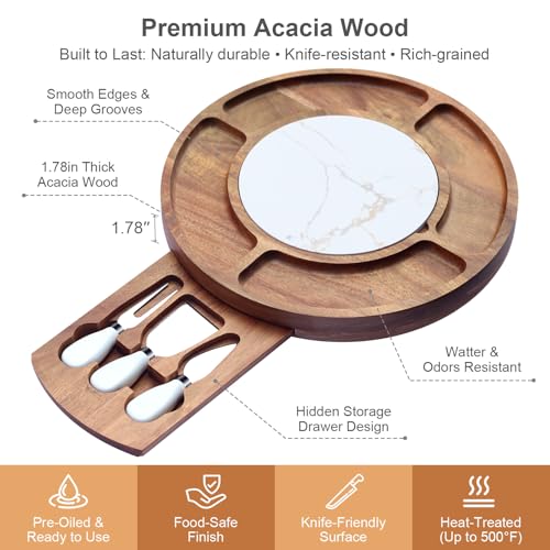 13.5" Round Acacia Wood Cheese & Charcuterie Board Set with Slate Chiller, Hidden Drawer & 420 Stainless Steel Knives/Forks - Ideal Wedding, Housewarming, Birthday Gifts - size: Round 13.5" with Slate Chiller