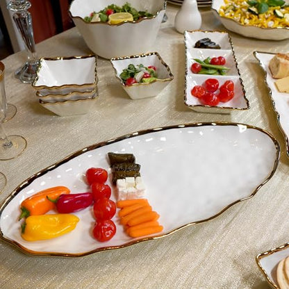 Regency Gold 19.5-Inch Porcelain Oval Fish Platter with Scalloped Edges & Metallic Gold Rim, Elegant Serving Platter for Fish, Appetizers & Side Dishes, Ideal for Entertaining, Everyday