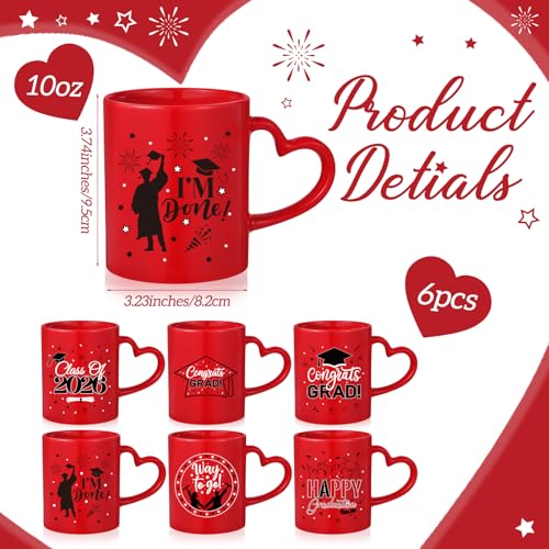 Pickmesh Graduation Coffee Mug Set of 6, 10 oz Red Ceramic Enamel Mugs with Handle, Class of 2026 & Congrats Grad Designs, Graduation Party Supplies, Grad Gift Cups for Coffee Tea Cocoa - color: Red, style: Graduation