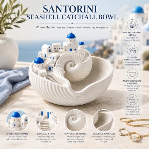 Santorini Catchall Bowl Seashell Key Tray Jewelry Dish Greek Island Decor Blue Dome Miniature Village Trinket Holder Coastal Entryway Table Decor 3D Printed PLA Material (1Pcs)