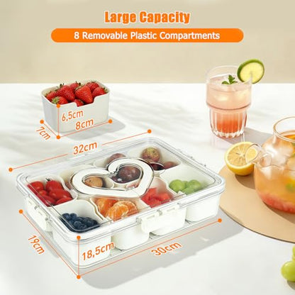 Snackle Box Container Portable - Large 8-Compartment Divided Serving Tray with Lid and Handle, Grab and Go Snack Containers Reusable for Travel and Outdoor Camping, Leak-Proof, BPA-Free