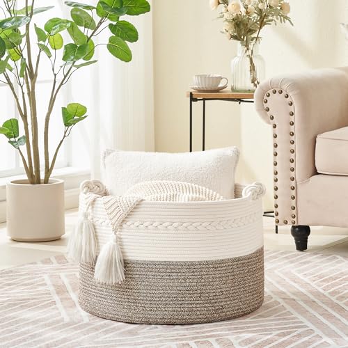 KAKAMAY Large Blanket Basket (20"x13"),Woven Baskets for storage Baby Laundry Hamper, Cotton Rope Blanket Basket for Living Room, Laundry, Nursery, Pillows, Baby Toy chest (White/Beige) | Extra Large Capacity | Natural Cotton Rope | Blanket Storage | Wove