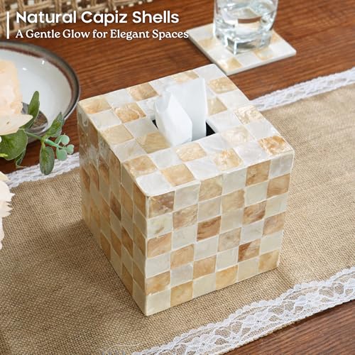 5.5" Tissue Box Cover Square, Capiz Shell Tissue Holder, Ivory | Bottom Slider, Checkerboard Cube Tissue Box Holder For Kleenex, Neutral Beige Square Tissue Box Cover Bathroom, Coffee Table - color: Ivory
