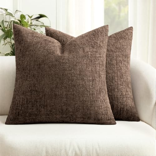 MIULEE Fall Couch Pillow Covers Textured Chenille 18x18 Brown | Set of 2 Soft Luxurious Decorative Throw Pillow Covers Autumn Cozy Pillowcases Home Decor Living Room Cushion Sofa Bed - color: Brown, size: 18" x 18" (Pack of 2)