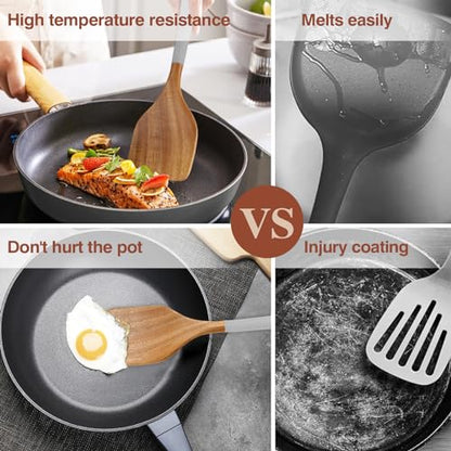 Wooden Spoons For Cooking, 6 Pieces Natural Acacia Wooden Cooking Utensils or Non-Stick Wooden Kitchen Utensil Set for Kitchen Essentials, Wood Cooking Utensils Set with Hanging Hole, Grey - color: Gray