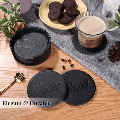 Coasters for Drinks Set of 6 with Holder, 6-Piece Leather Coasters with Embossed Cheers Marks - Durable Drink Coasters Set for Home, Bar, or Office - Black - color: Black