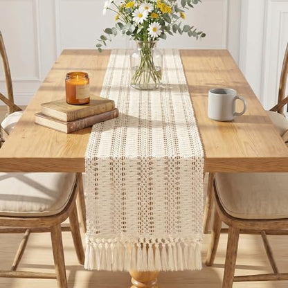 Betylifoy Boho Macrame Table Runner 71Inches Farmhouse Woven Tassels Runner | Cream Beige Rustic Burlap Table Runners Cotton Linen Coffee Table Runner for Bohemian Dining Kitchen Dresser Table Decor - size: 12x71in