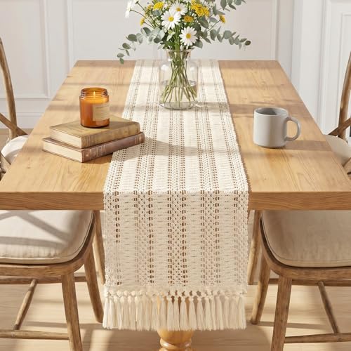 Betylifoy Boho Macrame Table Runner 94Inches Farmhouse Woven Tassels Runner | Cream Beige Rustic Burlap Table Runners Cotton Linen Coffee Table Runner for Bohemian Dining Kitchen Dresser Table Decor - size: 12x94in