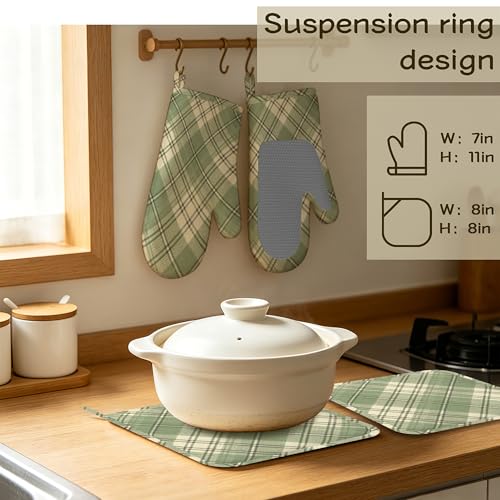 Green Plaid Oven Mitts and Pot Holders Set of 4, Heat Resistant Non Slip Kitchen Gloves Hot Pads, Chef Cooking Baking Gifts for Women Bakers, Kitchen Gifts for Cooking Lover Cooks Mom - color: Green Plaid