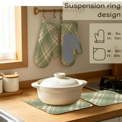 Green Plaid Oven Mitts and Pot Holders Set of 4, Heat Resistant Non Slip Kitchen Gloves Hot Pads, Chef Cooking Baking Gifts for Women Bakers, Kitchen Gifts for Cooking Lover Cooks Mom - color: Green Plaid
