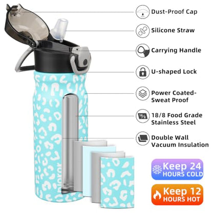 BJPKPK 18 oz Water Bottle with Straw & Handle, Insulated Stainless Flask | Leak Proof Locking Lid, Thermal, Double Wall Vacuum, Metal, Keeps Hot/Cold, BPA Free, Travel & Sports, Sky Blue Leopard - color: Sky Blue Leopard, size: 18 Ounces