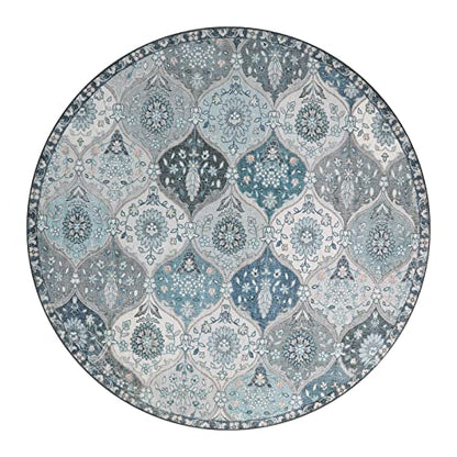 Lahome Moroccan Trellis Round Rug, 5ft, Blue, Faux Wool, Machine Wash, Non-Slip Backing, Low Pile, Floral Pattern, Area Rug for Bedroom, Living Room, Bathroom | Ultra-Thin Small Boho Circle Carpet for Entryway Kitchen Bedroom Nursery Bathroom Vionnet, Blu