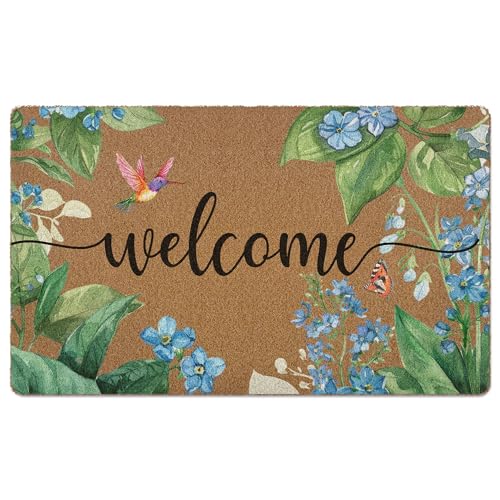 Blue Spring Floral Door Mat, Hummingbird Botanical Flower Welcome Front Door Mat Indoor Outdoor Entrance, Spring Artificial Coir Doormats Rugs for Porch Entryway Decor 30x17in - color: Spring-3